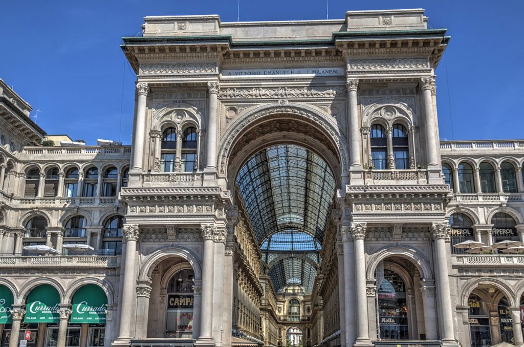 Entrance arch of the Galleria Vittorio Emanuele II in Milan, Italy