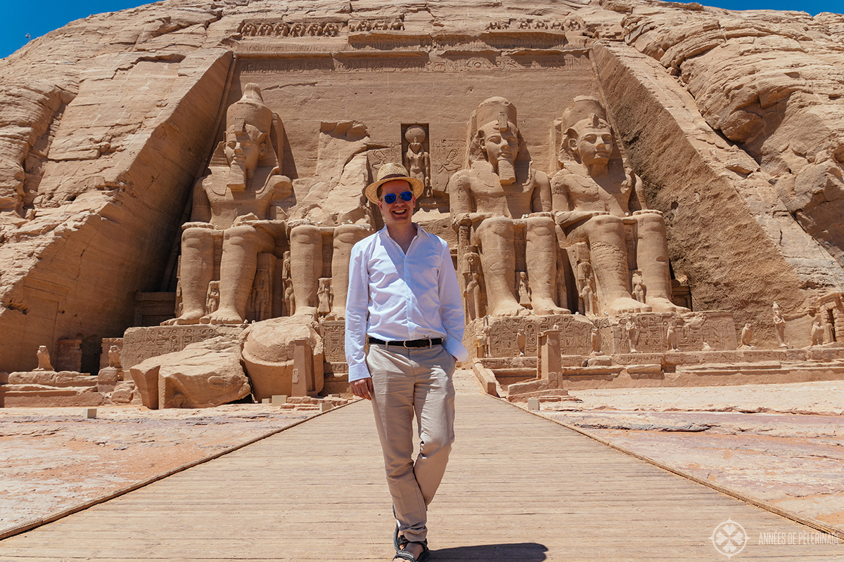 Me in front of Abu Simbel great temple Egypt. If you are wondering what to wear in Egypt, this will give you a proper impression on what to pack for Egypt in March