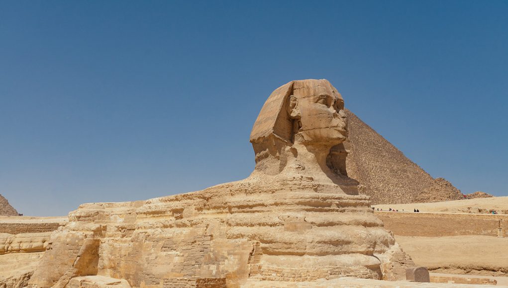 Profile of the Great Sphinx and the Pyramid of Khafre in the background