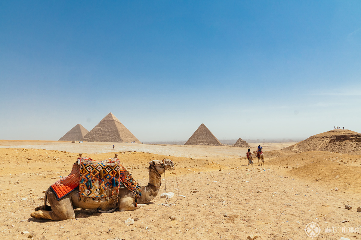 Camel riders on their way to the classic Panorama of the Pyramids of Giza near Cairo, Egypt
