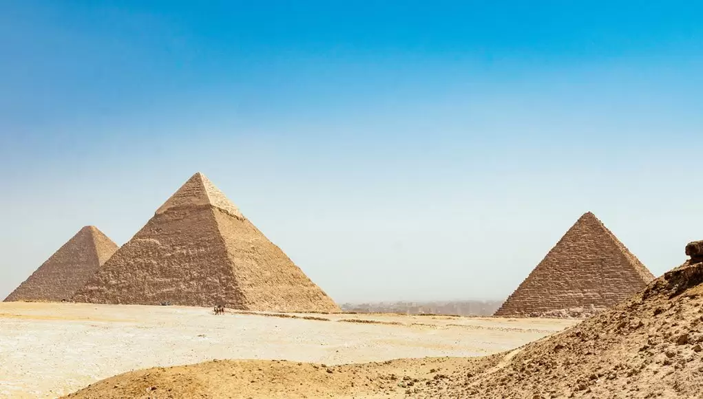 The classic panorama of the great pyramids of Giza