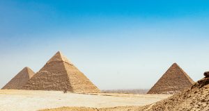 The classic panorama of the great pyramids of Giza