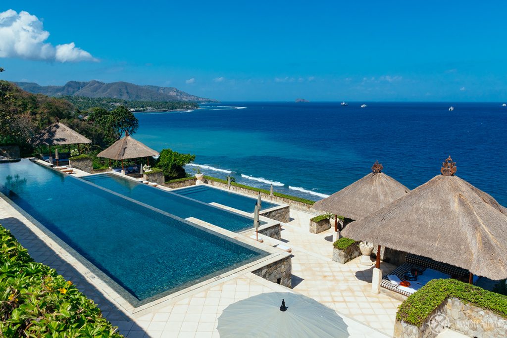 The three tiered pool of the Amankila luxury hotel in East bali