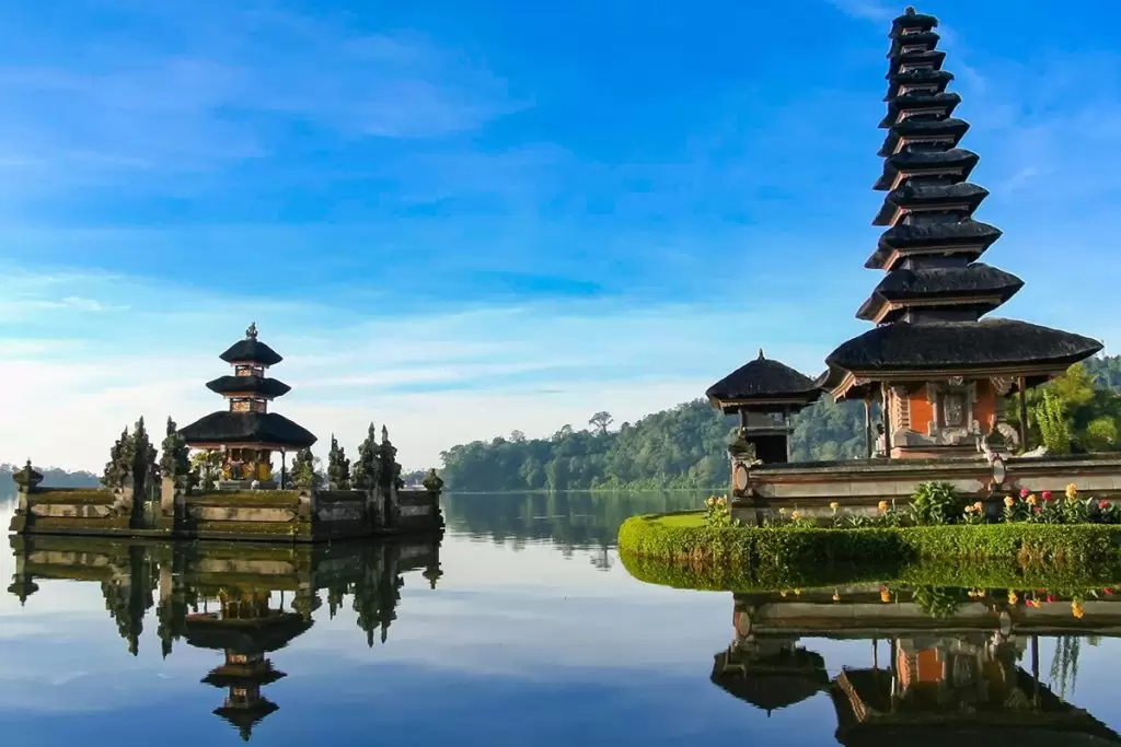 The Ulun Danu Temple in the highlands of Bai which appears like it was floating on the lake