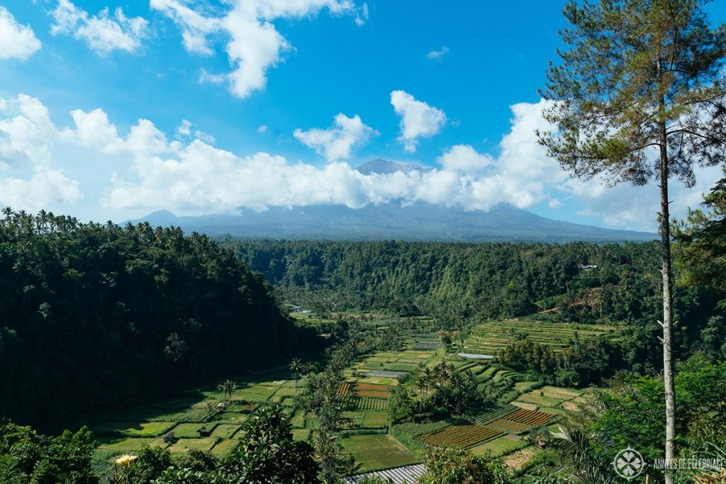 Mount Ayung volcano in East Bali with beautiful rice terraces in front of it