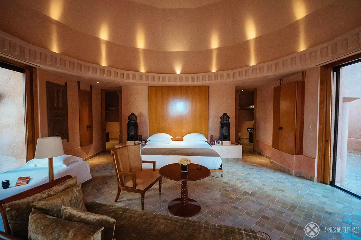 Living area of the Pavilion Piscine at the Amanjena luxury hotel in Marrakech