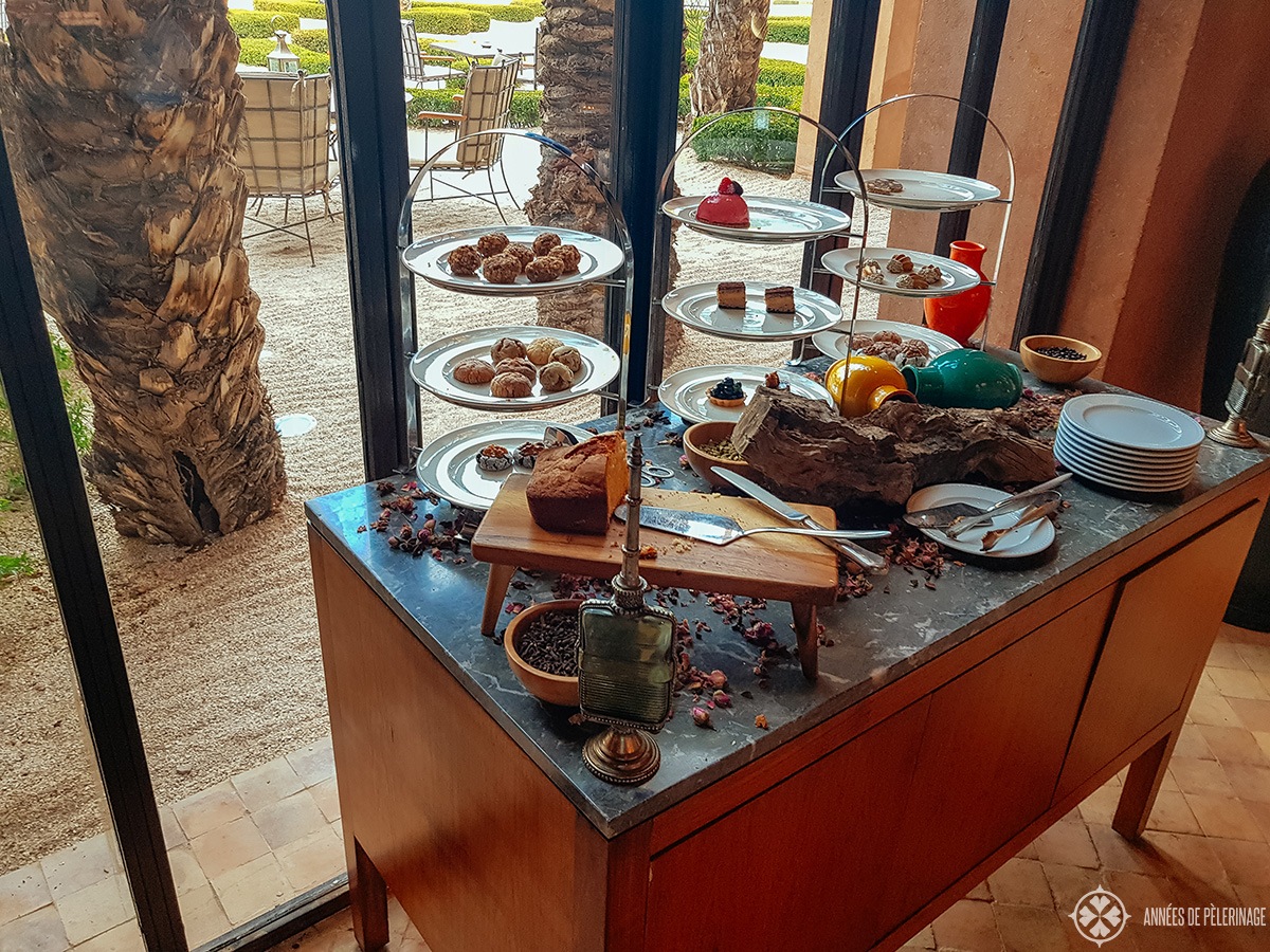 The complimentary afternoon tea buffet at the Amanjena luxury hotel in Marrakech, Morocco