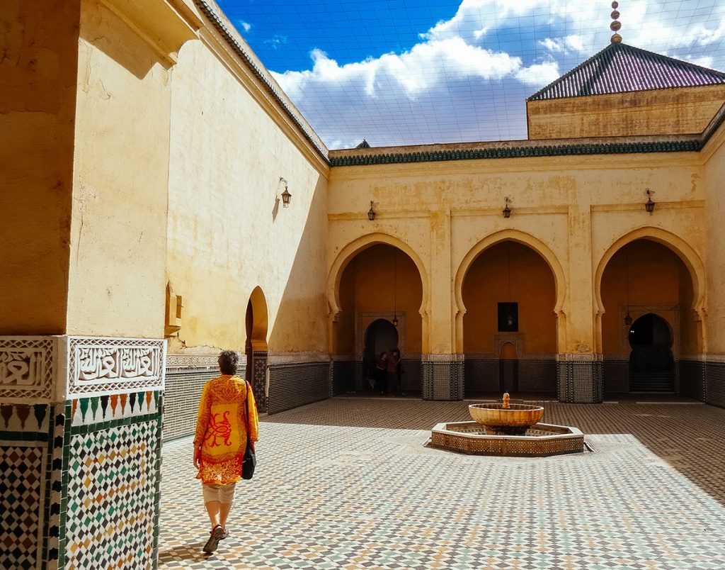 A beautiful courtyard within Inside the Mausoleum of Moulay Ismail in Meknes, Morocco