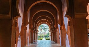 The entrance into the lobby of the Amanjena luxury hotel in Marrakesh, Morocco