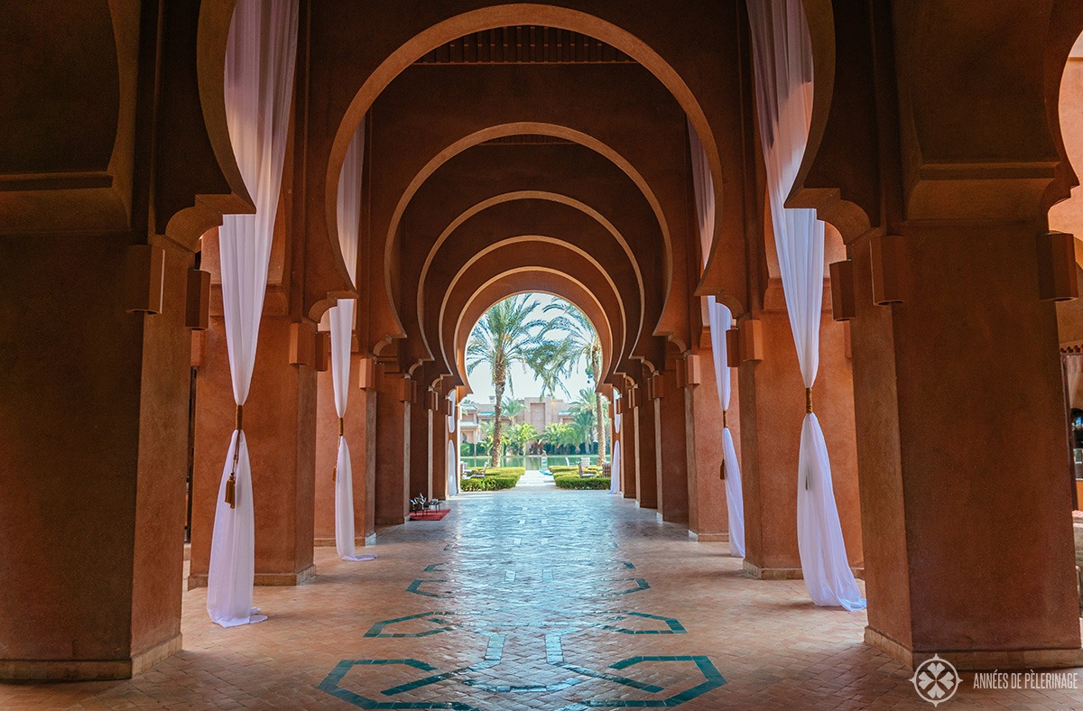 The entrance into the lobby of the Amanjena luxury hotel in Marrakesh, Morocco