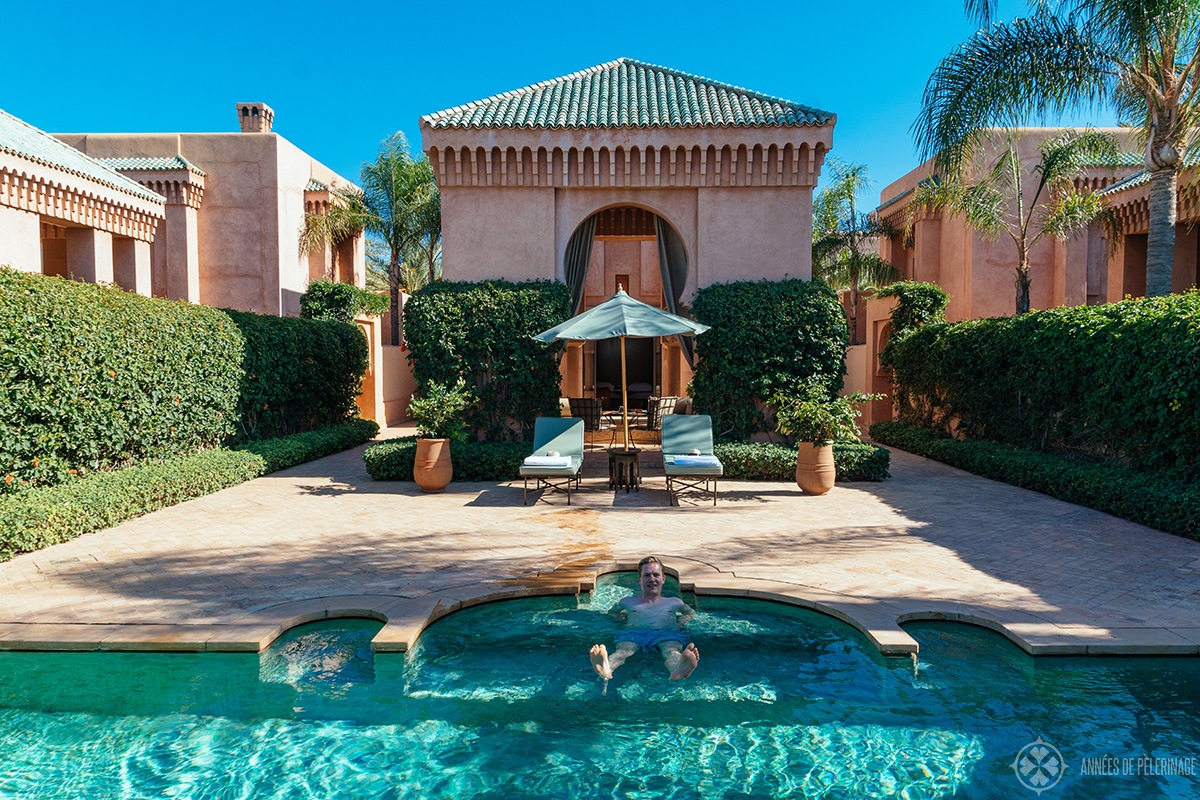 The pool of the Pavilion Piscine at Amanjena luxury hotel in Marrakech, Morocco