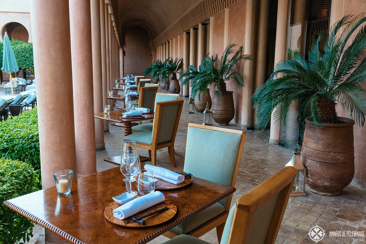 The terrace of the Japanese Restaurant at Amanjena luxury resort in Marrakech