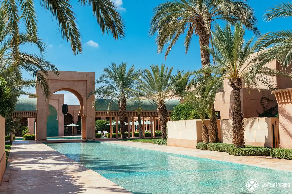 The way to the pool at Amanjena luxury hotel in Marrakech, Morocco