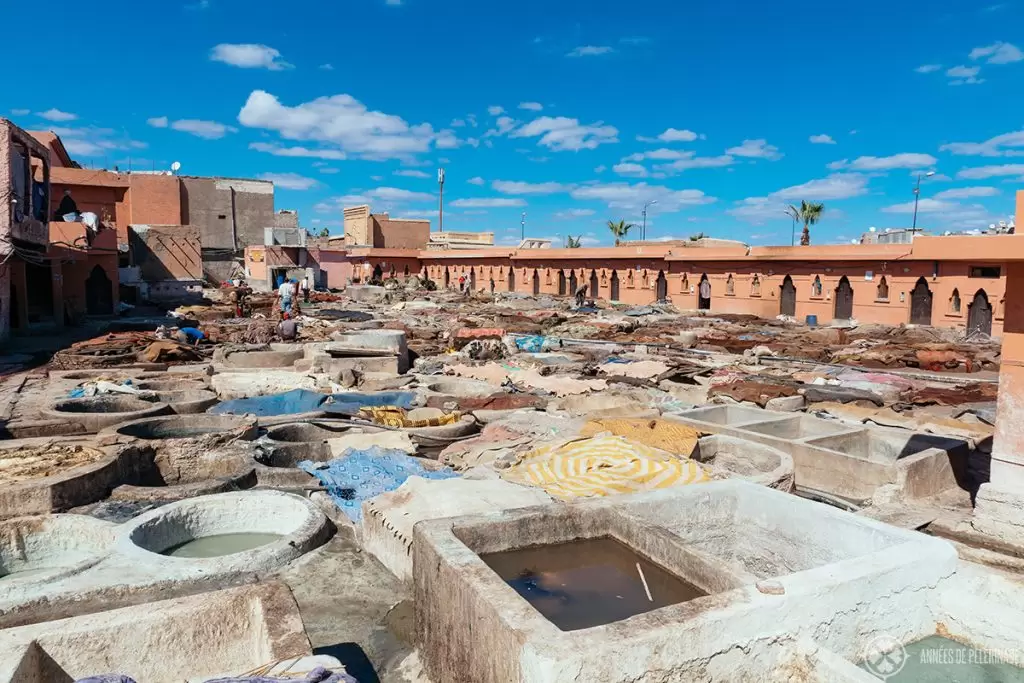 View of the biggest tannery in Marrakesh, Morocco - it's located on the east end of the city and one of the many free things to do in Marrakesh