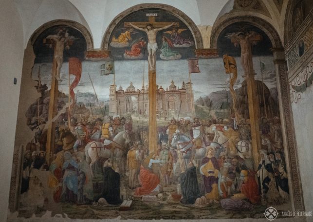 the Crucifixion by Giovanni Donato da Montorfano inside the refectory of the Last Supper Museum in Milan, Italy