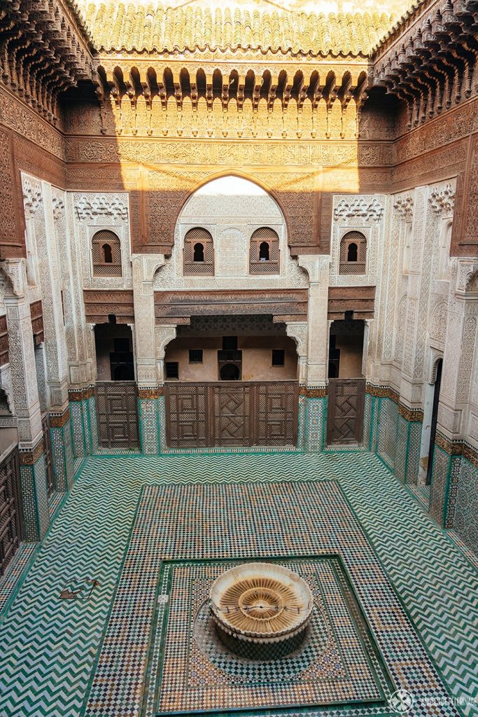 View of the bou Inania madrasa from the first floor where the students once lived. This is one of the best things to see in Meknes, Morocco