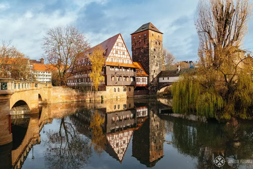 Hangman's bridge, tower and Weinstadel in Nuremberg old town - one of the many free things to do in Nuremberg