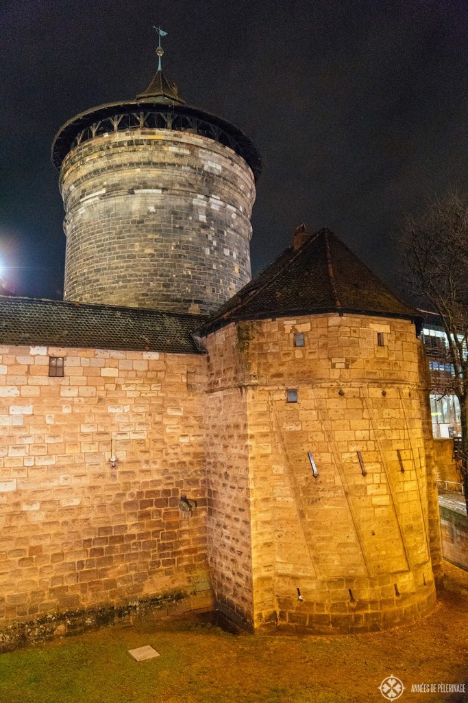 Tower along the city wall at night in Nuremberg, Germany