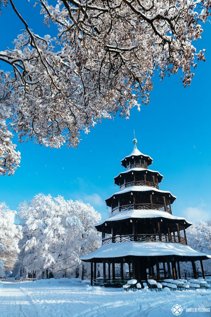 Chinese Tower in the middle of the Englische Garten in Munich in Winter