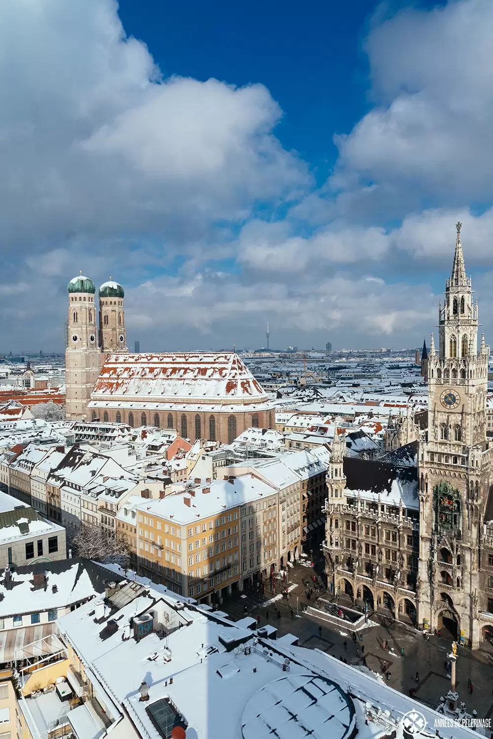 The New City Hall and the Church of Our lady in Munich in winter