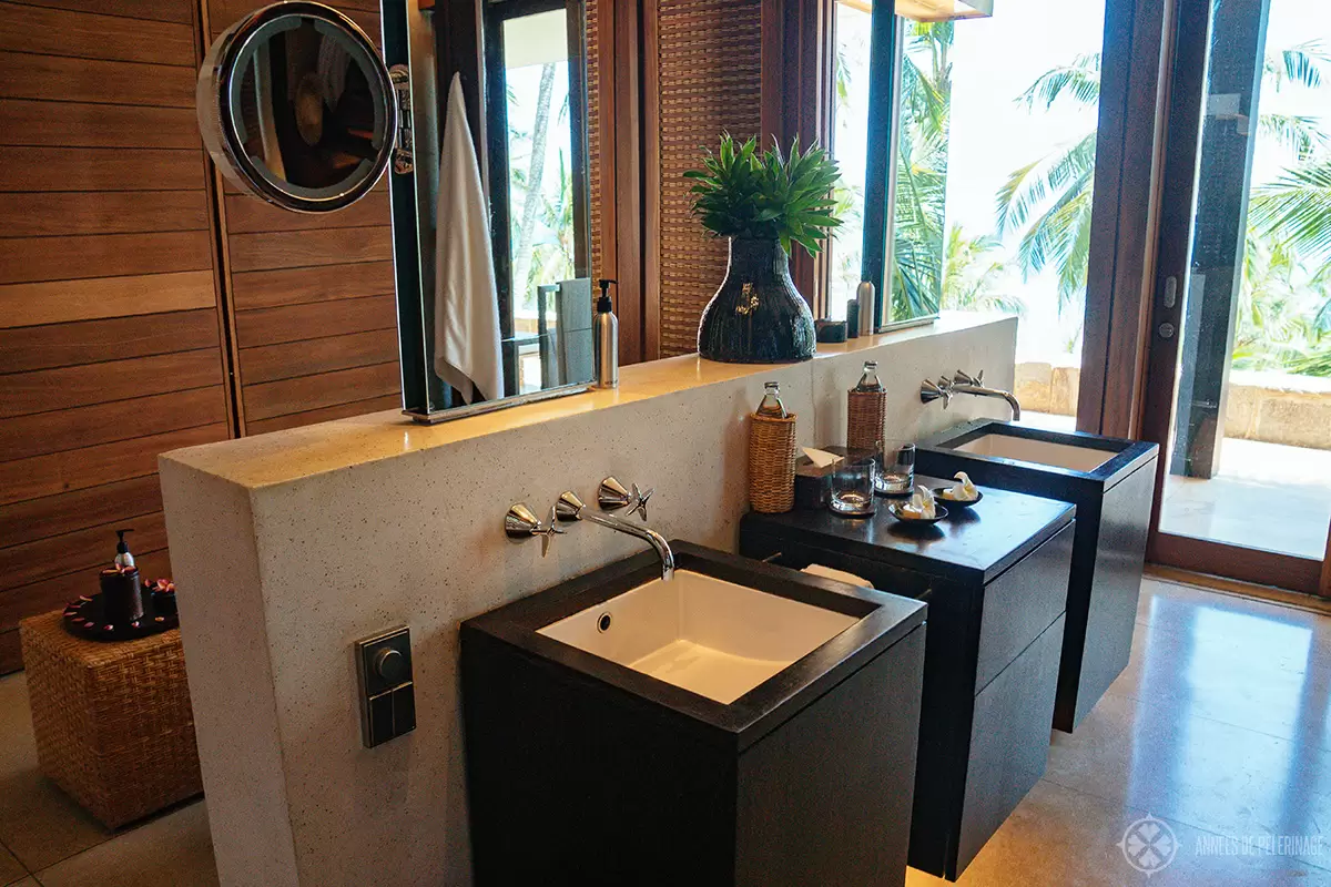 of course there are his and her sinks in the bathrooms of your private villas at Amanwella luxury hotel