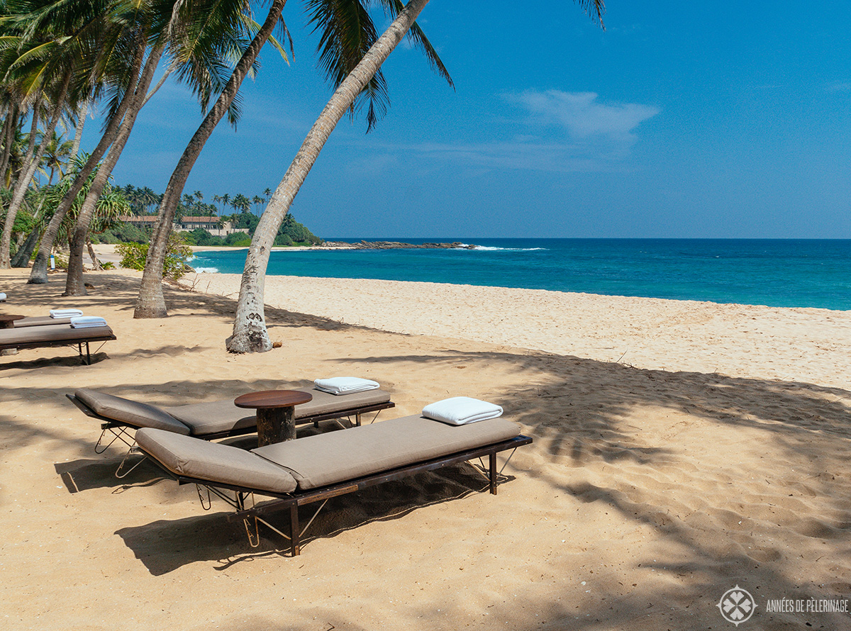 sun loungers at the beach club (which they call coconut grove) - This Amanwella review suggests they should add some bigger alternatives for couples