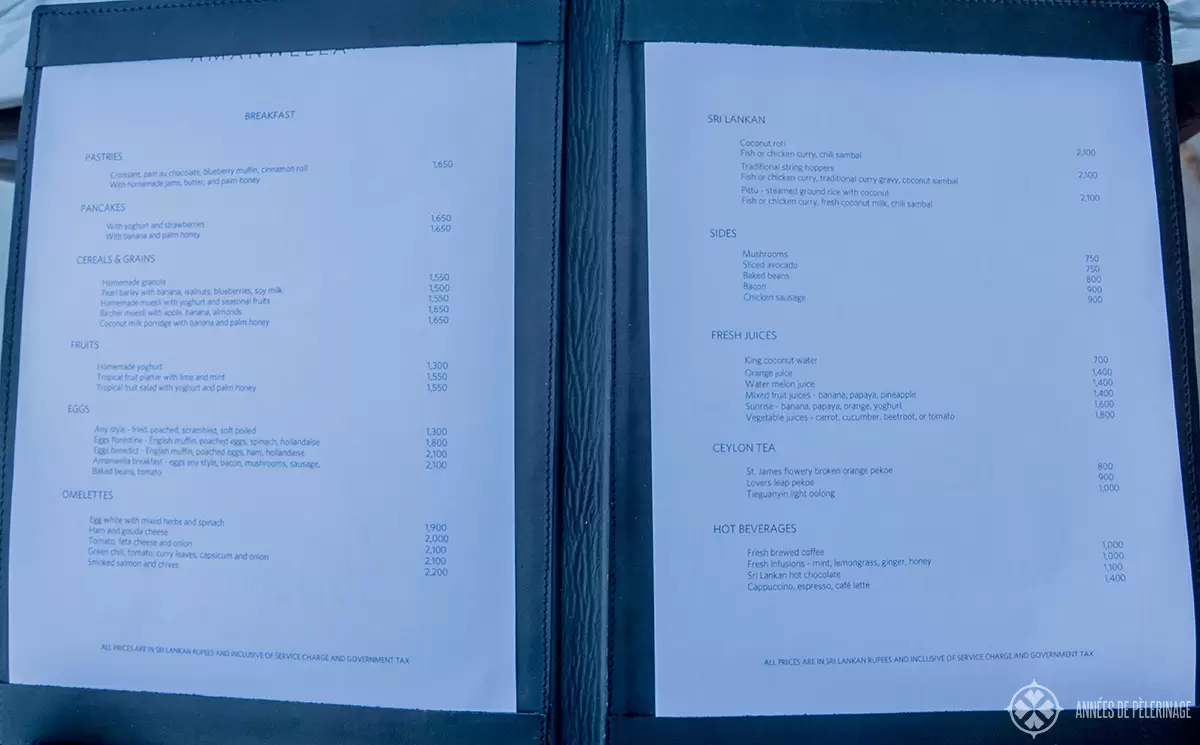 the breakfast menu at Amanwella, Sri lanka