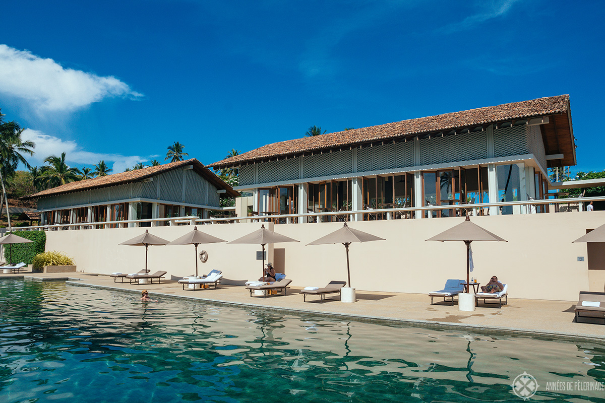 Restaurant and bar as seen from the pool at Amanwella luxury hotel Sri Lanka