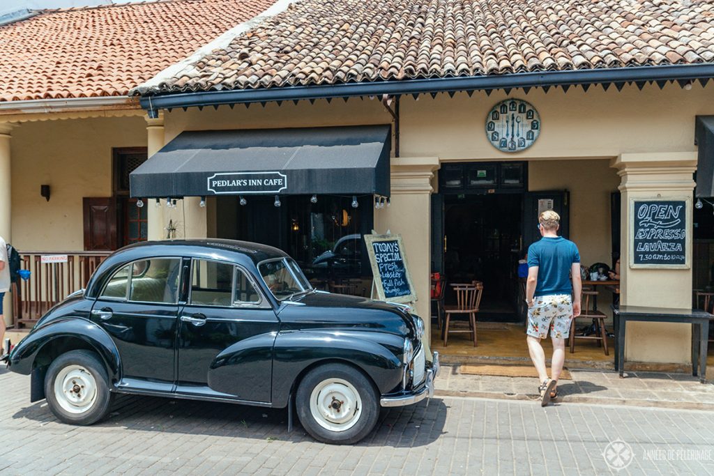 A vintage car in front of Pedlar's inn in the old town - one of the best places to eat in Galle