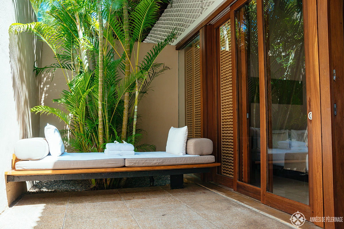 The little sitting area opposite your private pool in the private villas at Amanwella luxury hotel Sri Lanka