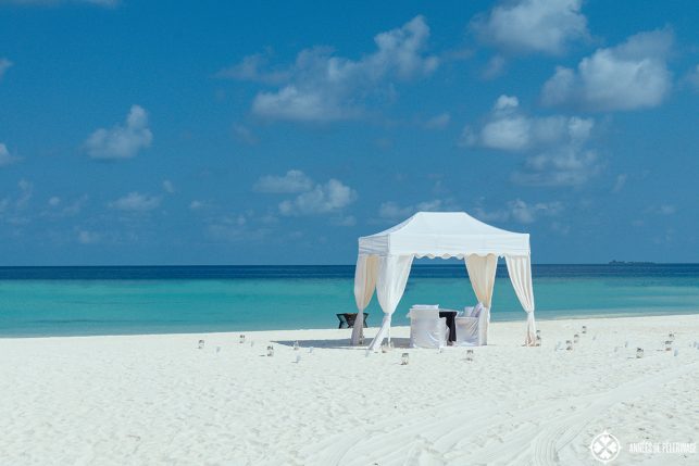 Setting for a private dinner at the beach at the Constance Halaveli