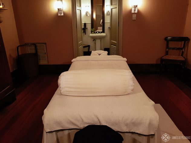 The private treatment room at Amangalla with the bath in the back. There's actually a steam room there as well.