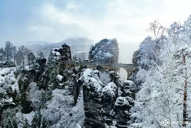 The famous Bastei Bridge in winter - just a short day trip from Dresden