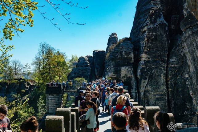 Tourists crowding the Bastei bridge on a busy weekend - try to visit during the week