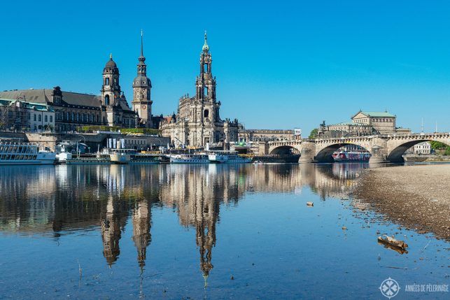 The old town of Dresden from the other side of the River Elbe - you can see the reflections of the Brühlsche Terasse in the water.