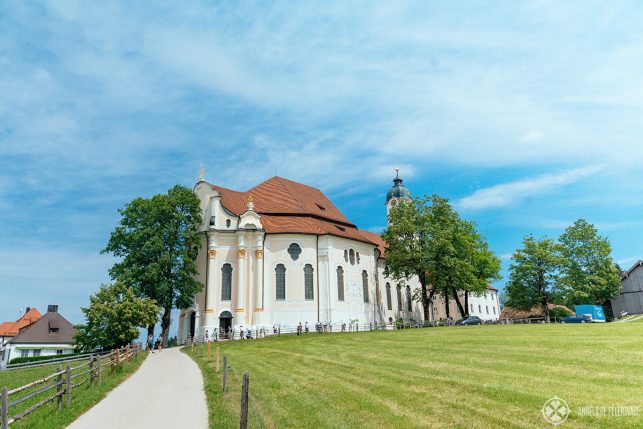Full view of the Wieskirche (Church of Wies) in Steingaden, Germany