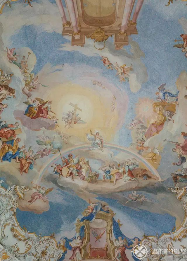 The remarkable rococo fresco inside the Church of Wies in Steingaden, Germany