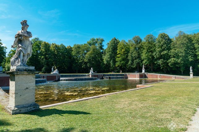 The grand cascade at the far end of the park of Nymphenburg palace