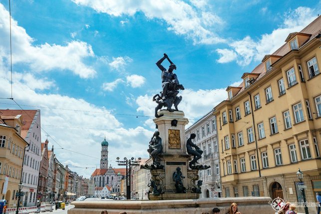 The iconic Hercules fountain on the main street of Augsburg - part of the UNESCO World Heritage site