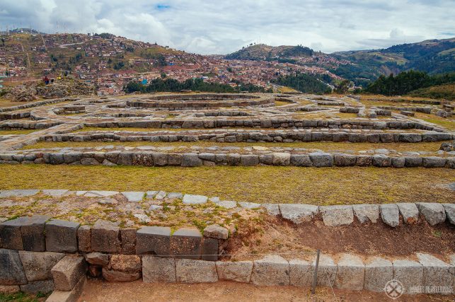 The circular foundations of the Muyuq Marka tower in Sacsayhuaman in Cusco Peru