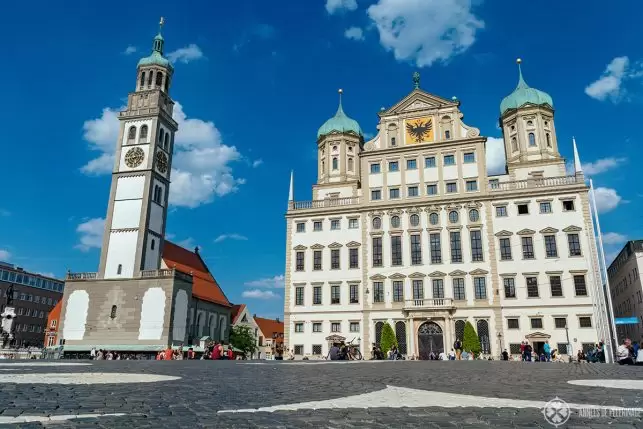 The majestic town hall of Augsburg with the Perlachturm right next to it - one of the best things to do in Augsburg