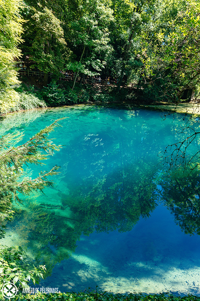 Full view of the Blautopf spring; entrance to the underground caves is 22 meters below the surface