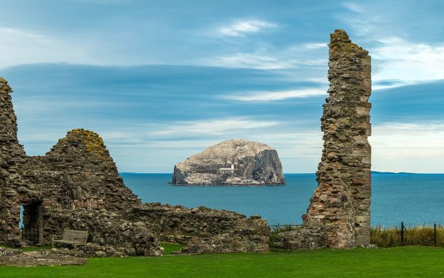 (A part of) Tantallon Castle with the Bass Rock in the background