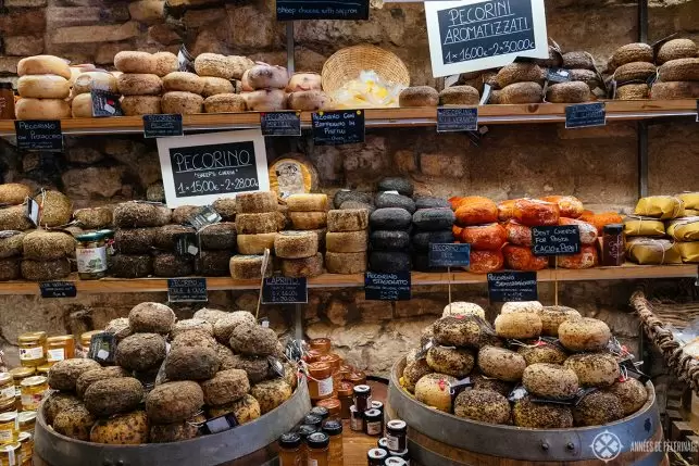 An artisan shop selling Pecorino cheese in Tuscany