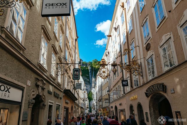 The many shops in the famous Getreidegasse in Salzburg