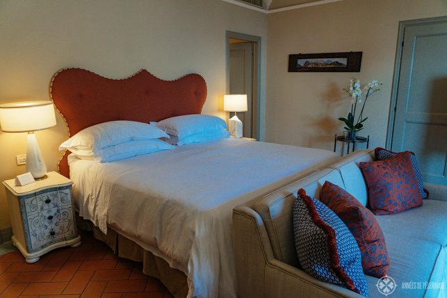 The bed in my Junior Suite of the Belmond Villa San Michele in Florence, Italy