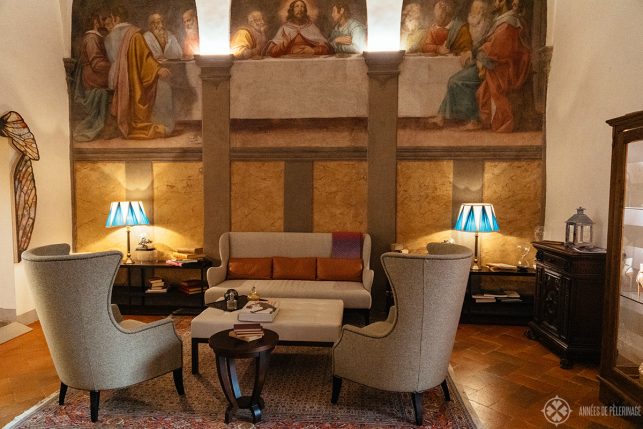 A fresco in the lobby of Villa San Michele luxury hotel