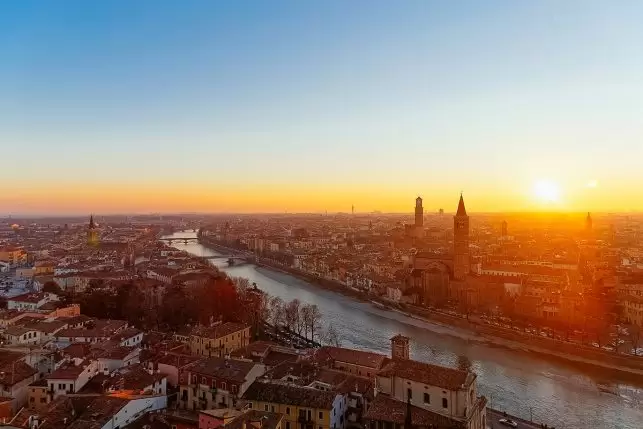 Sunset above the old town of Verona in Italy