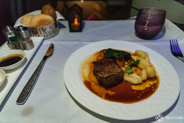 An exceptional yummy beef tenderloin for dinner inside the Qatar Airways Qsuites