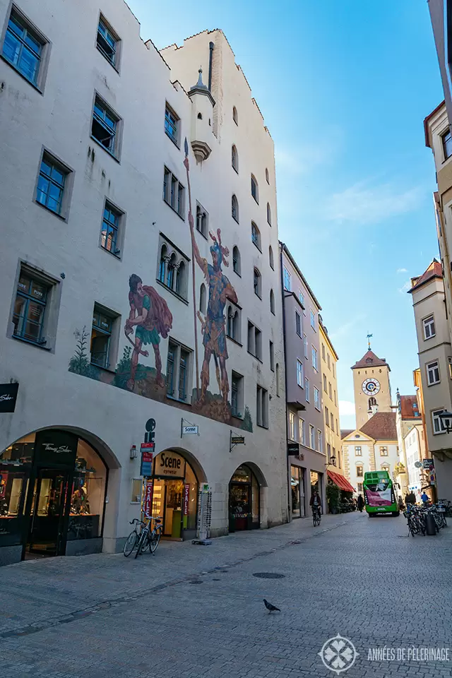 The famous Goliath House with gigantic murals of the biblical combatants in Regensburg